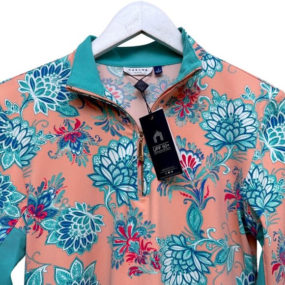 CABANA LIFE Womens Golf Top Small Pink Tropical Print 1/4 Zip Long Sleeve NWT - Picture 2 of 12